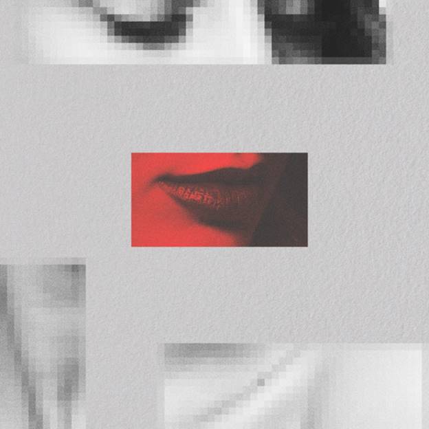 An abstract graphic is centered on a website page with various blurred face parts and pixelated squares. One stands out - a close-up of red lips, adding intrigue. It complements the 'Content' topic on the screen.